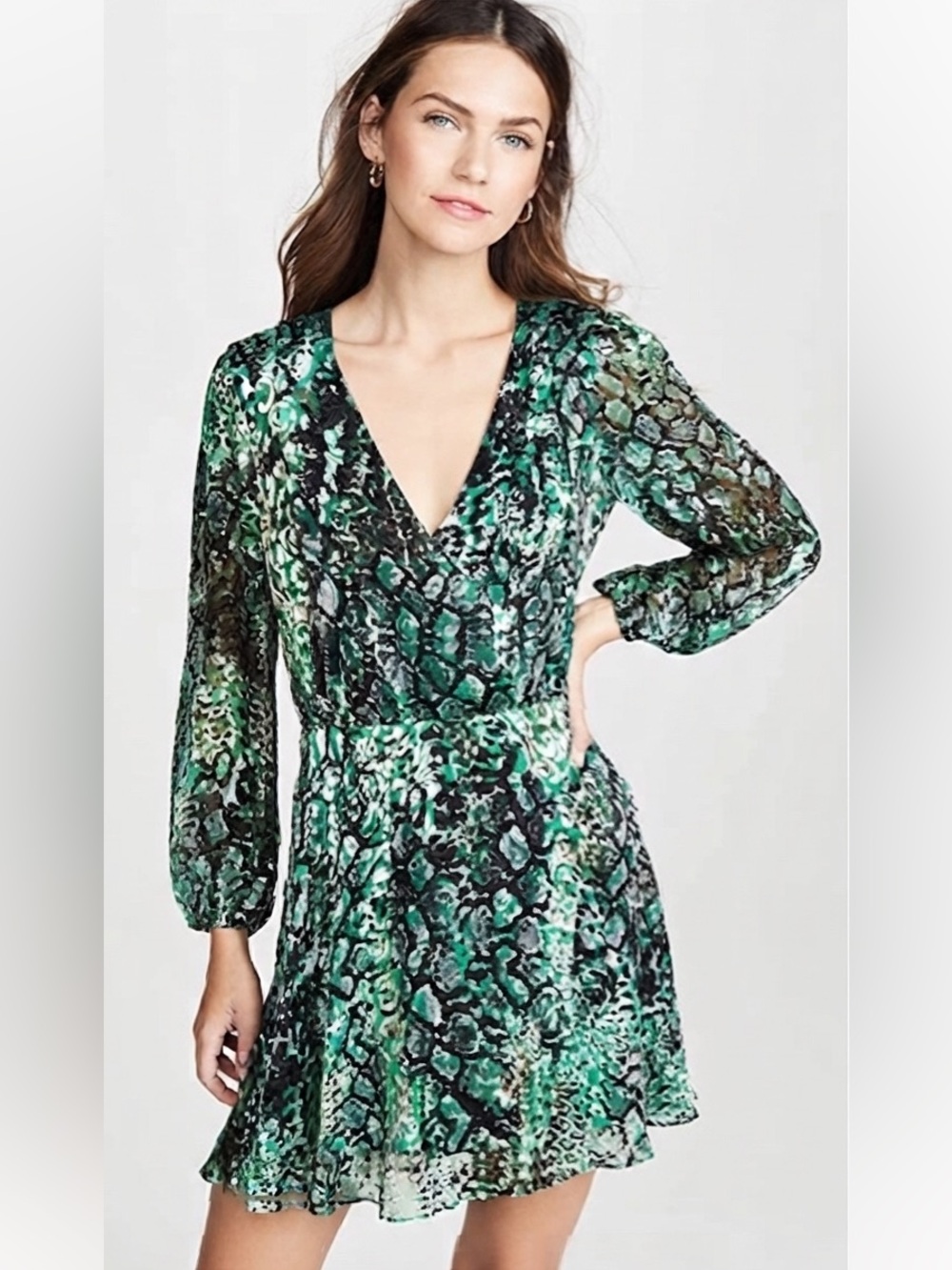 Alice + Olivia Rita Printed Green Blouson Mini Dress Silk Viscose